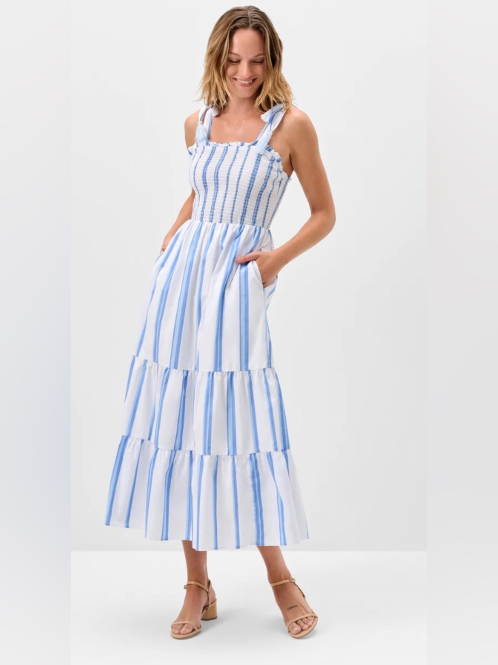 NEW JOHNNIE-O Sasha Cotton Maxi Dress Blue White Striped Size Large